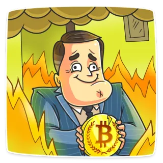 🙂 hombre, bitcoin, fuego, dibujos animados, criptomoneda, empresario, moneda digital telegram sticker