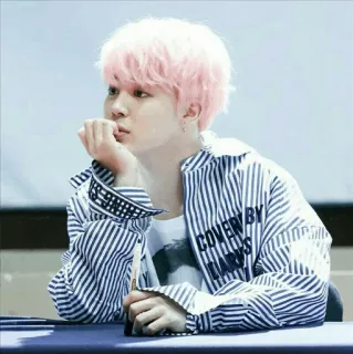 🍍 COVER BY LARRY'S person, pink hair, striped shirt, idol, k-pop, man telegram sticker