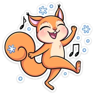 🎶 Eichhörnchen, Cartoon, Tier, süß, fröhlich, Winter, Schneeflocken, Noten telegram sticker