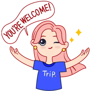 ☺️ YOU'RE WELCOME! dessin animé, fille, bienvenue, salutation, cheveux roses, clin d'oeil, mignon telegram sticker