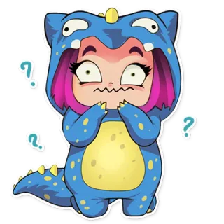 😖 dinosaure, costume, dessin animé, confus, fille, points d'interrogation, inquiet, mignon whatsapp sticker