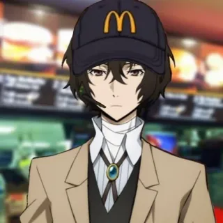 ⛓ Dazai Osamu Bungou Stray Dogs Anime, Dazai Osamu, Bungou Stray Dogs, McDonald's, Chapeau, Uniforme whatsapp sticker