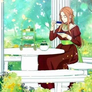 ☠ mujer, té, jardín, té de la tarde, vestido, mesa, relajación telegram sticker
