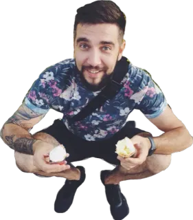 ☝ homem, pessoa, comendo, agachado, casual, camisa florida telegram sticker