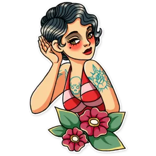 👂 woman, tattoo, vintage, pin-up, skull, flower whatsapp sticker