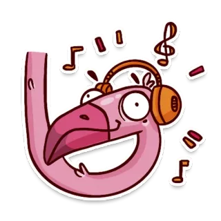 🦩 flamingo, música, fones de ouvido, desenho animado, animal, pássaro telegram sticker