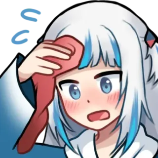 😌 Gawr Gura vtuber, anime, Gawr Gura, suando, envergonhado/a, preocupado/a, tubarão telegram sticker
