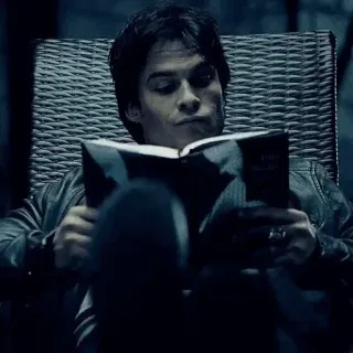 🕳 Damon Salvatore The Vampire Diaries Ian Somerhalder, boek, lezen, vampier, chillen, personage telegram sticker