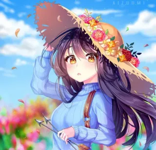 🙂 ผู้หญิง, ลูกศร, ดอกไม้, อนิเมะ, สาวผมสีน้ำตาล, หมวก, โบว์ telegram sticker