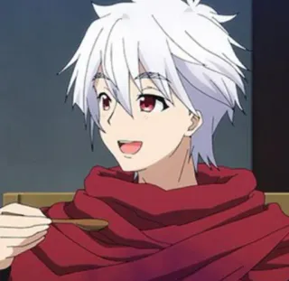 🎴 anime, character, white hair, red scarf, smiling, eating telegram sticker