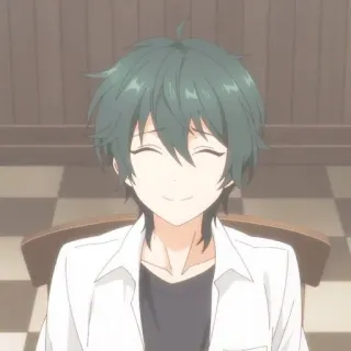 🧤 anime, boy, teen, smiling, green hair, white shirt telegram sticker