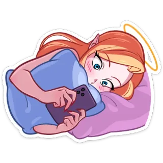 📱 天使, 卡通, 女孩, 手机, 枕头, 可爱, 金发, 光环 telegram sticker