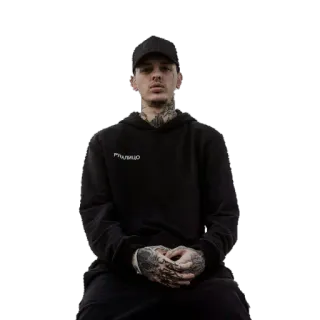 👱 REALHOOD mężczyzna, tatuaże, portret, bluza z kapturem, siedzący telegram sticker