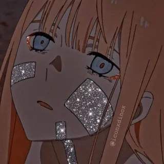 🥺 Zero Two Darling in the Franxx anime, dziewczyna, smutna, bandaże, pomarańczowe włosy telegram sticker