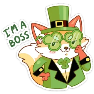 🤓 I'M A BOSS лиса, босс, лепрекон, клевер, цилиндр, мультфильм, очки whatsapp sticker