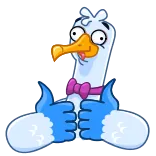 👍 mouette, dessin animé, pouce levé, oiseau, nœud papillon whatsapp sticker