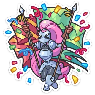 🥳 스티커, 만화, 캐릭터, 핑크 머리, 기사, 갑옷, 창, 종이 조각 telegram sticker