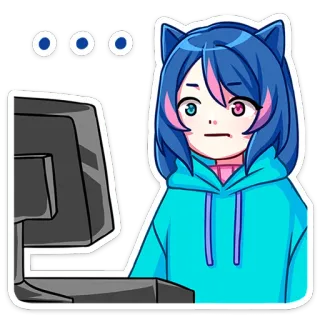 🫥 애니메이션 여자, 고양이 귀, 컴퓨터, 생각, 혼란스러움, 귀여운 telegram sticker