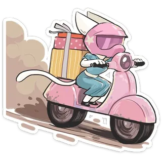 🛵 猫, スクーター, 配達, ピンク, 動物, かわいい, 箱, ヘルメット telegram sticker