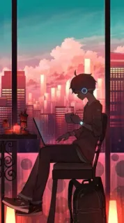 💻 Anime, Chico, Portátil, Cafetería, Ciudad, Música telegram sticker