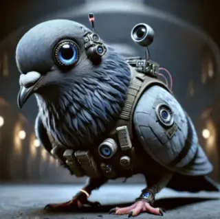🤩 piccione, cyberpunk, uccello, futuristico, tecnologia, robot, spia telegram sticker