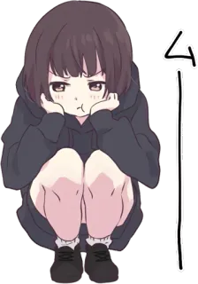 😔 ム Anime, Ragazza, Carina, Triste, Accovacciata, Felpa con cappuccio, Giapponese telegram sticker