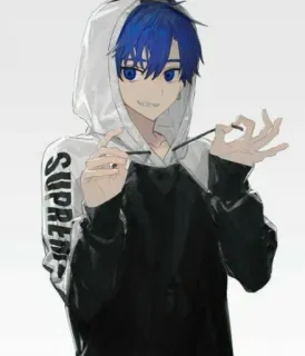 🤩 SUPREME Anime, Cowok, Hoodie, Rambut biru, Supreme telegram sticker