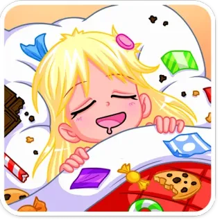 🤤 desenho animado, menina, sono, doces, balas, sonho, cama telegram sticker