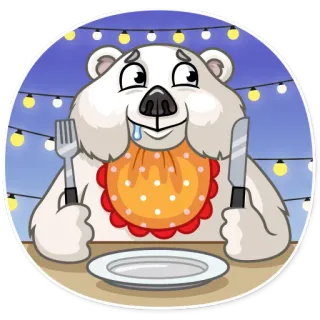 🍴 Eisbär, Essen, Cartoon, Hungrig, Gedeckter Tisch, Essen, Abendessen telegram sticker