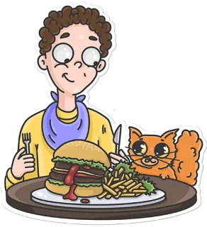 🍔 cibo, persona, gatto, cartone animato, hamburger, pasto telegram sticker