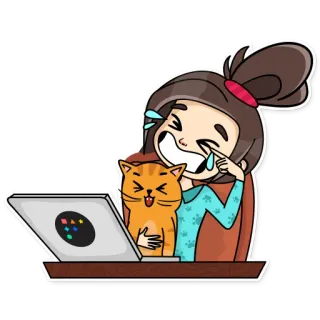 😂 cartone animato, gatto, laptop, scoppiando a ridere, divertente, felice, emoji, ragazza telegram sticker