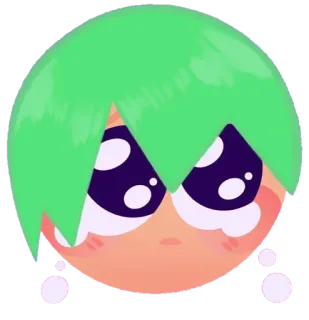 😔 carino, cartone animato, capelli verdi, occhi grandi, arrossire telegram sticker