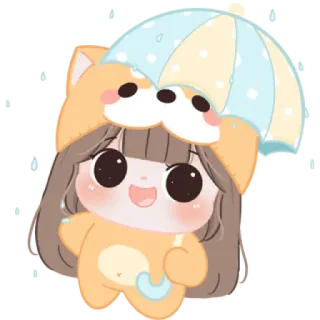 😼 fofo, desenho animado, cachorro, menina, guarda-chuva, dia chuvoso telegram sticker