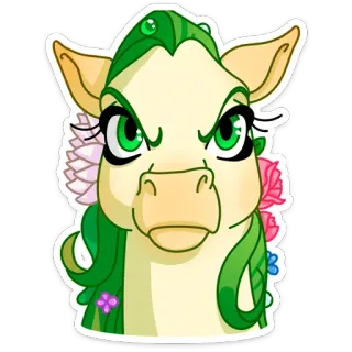 😠 cheval, dessin animé, animal, vert, fleurs, autocollant telegram sticker