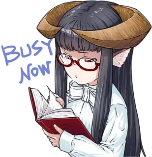 🤓 BUSY NOW chica demonio, cuernos, leyendo, libro, gafas, ocupada whatsapp sticker