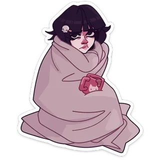 ☕️ одеяло, грустный, мрачный, мультфильм, чашка, девушка, изолированный telegram sticker