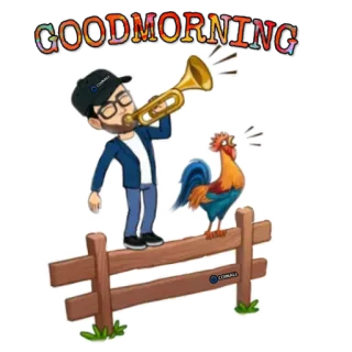 😊 GOODMORNING buenos días, gallo, trompeta, hombre, dibujos animados, saludo whatsapp sticker