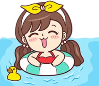🌊 Dibujos animados, Natación, Niña, Piscina, Pato de goma, Flotador, Lindo telegram sticker