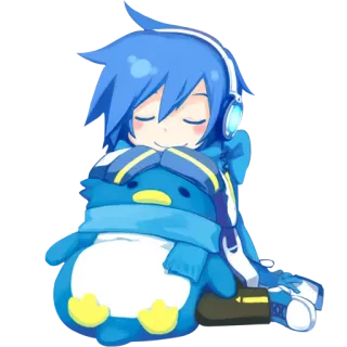 😌 Anime, Nhân vật, Kawaii, Dễ thương, Chim cánh cụt, Tóc xanh, Tai nghe telegram sticker