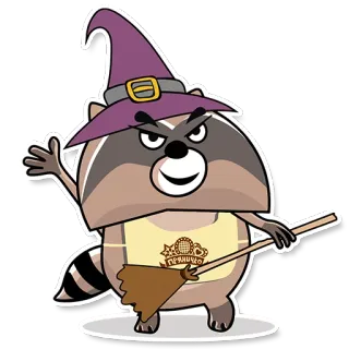 😈 ПРАЧЕЧНАЯ 너구리, 마녀, 만화, 빗자루, 할로윈 telegram sticker