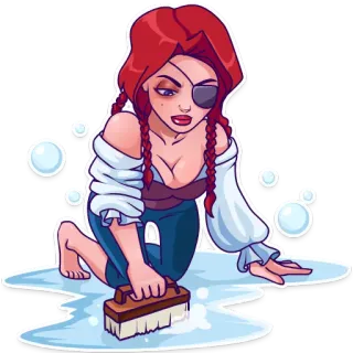 🗑 Pirat, weiblich, Reinigung, Schrubben, Cartoon, Augenklappe, rote Haare telegram sticker