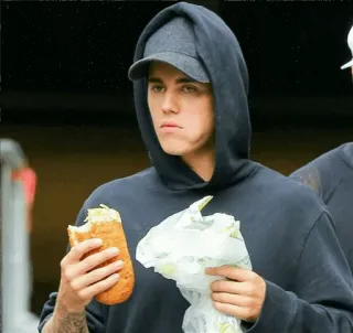 😐 Justin Bieber 有名人, 歌手, ジャスティンビーバー, サンドイッチ, カジュアル, パーカー, キャップ telegram sticker