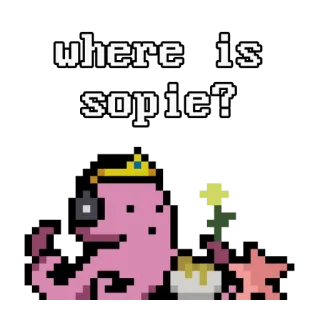 👑 where is
sopie? ปลาหมึก, สีชมพู, ราชินี, มงกุฎ, พิกเซลอาร์ต, ตัวละคร, คำถาม telegram sticker