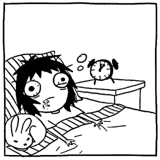 😴 sonolento, manhã, cama, desenho animado, despertador, coelho, cansado whatsapp sticker