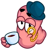 🧐 червяк, монокль, шляпа, чай, чашка, мультик, персонаж telegram sticker