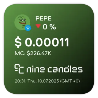 📊 Pepe PEPE
0 %
$ 0.00011
MC: $226.47K
nine candles
20:31, Thu, 10.07.2025 (GMT +0) pepe, meme, cryptocurrency, finance telegram sticker