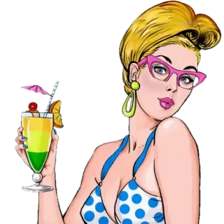 🍷 femme, cocktail, maillot de bain, rétro, pop art, illustration, pin-up telegram sticker