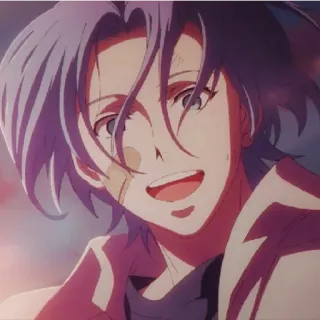 😁 anime, purple hair, character, smiling, cartoon telegram sticker