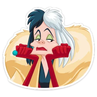 ☹️ Cruella de Vil 101 Dalmatians disney, dibujos animados, malvado, cruella, villano, dálmatas, perro, abrigo whatsapp sticker