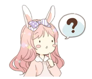 🐰 ragazza, coniglio, cartone animato, domanda, carino, capelli rosa, fiocco, pensando telegram sticker